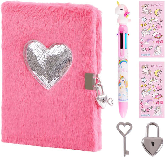 ENYILEE Plush Unicorn Heart Diary – Lock & 2 Keys – Girls’ Secret Journal