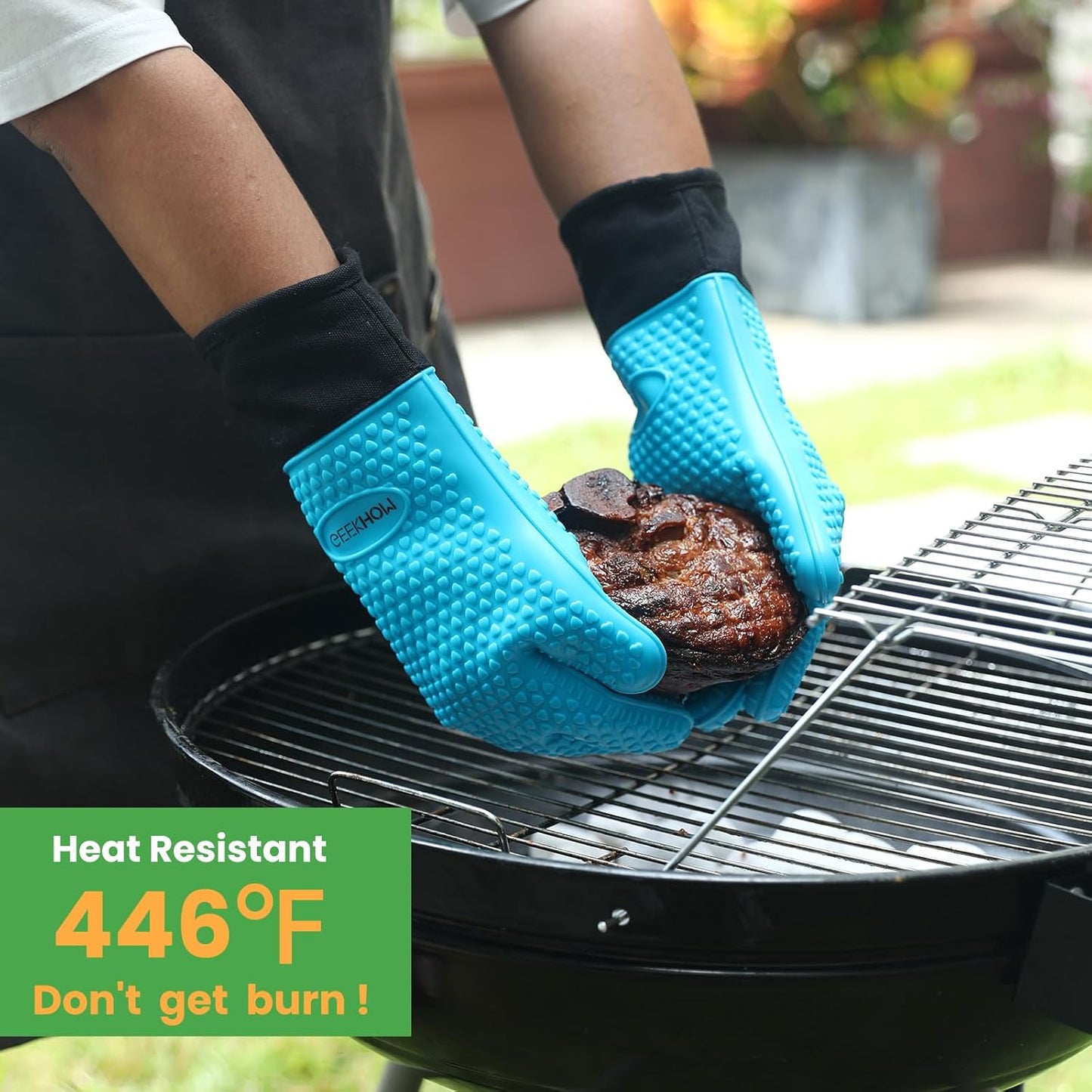 Heat Resistant Silicone BBQ Gloves Long Oven Mitts Non-Slip Blue