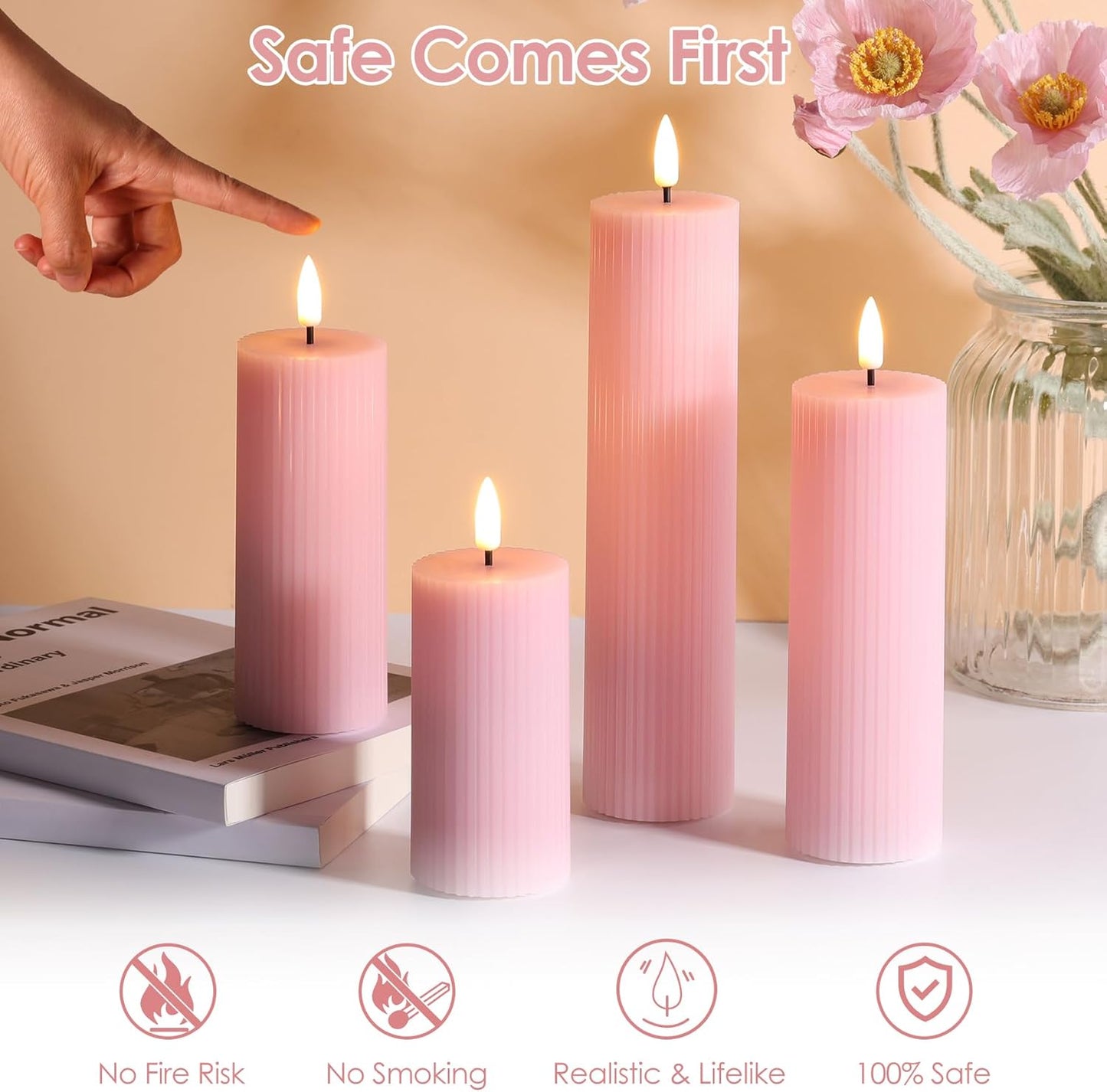 Flameless LED Pillar Candle Set Flickering Remote Battery Pink