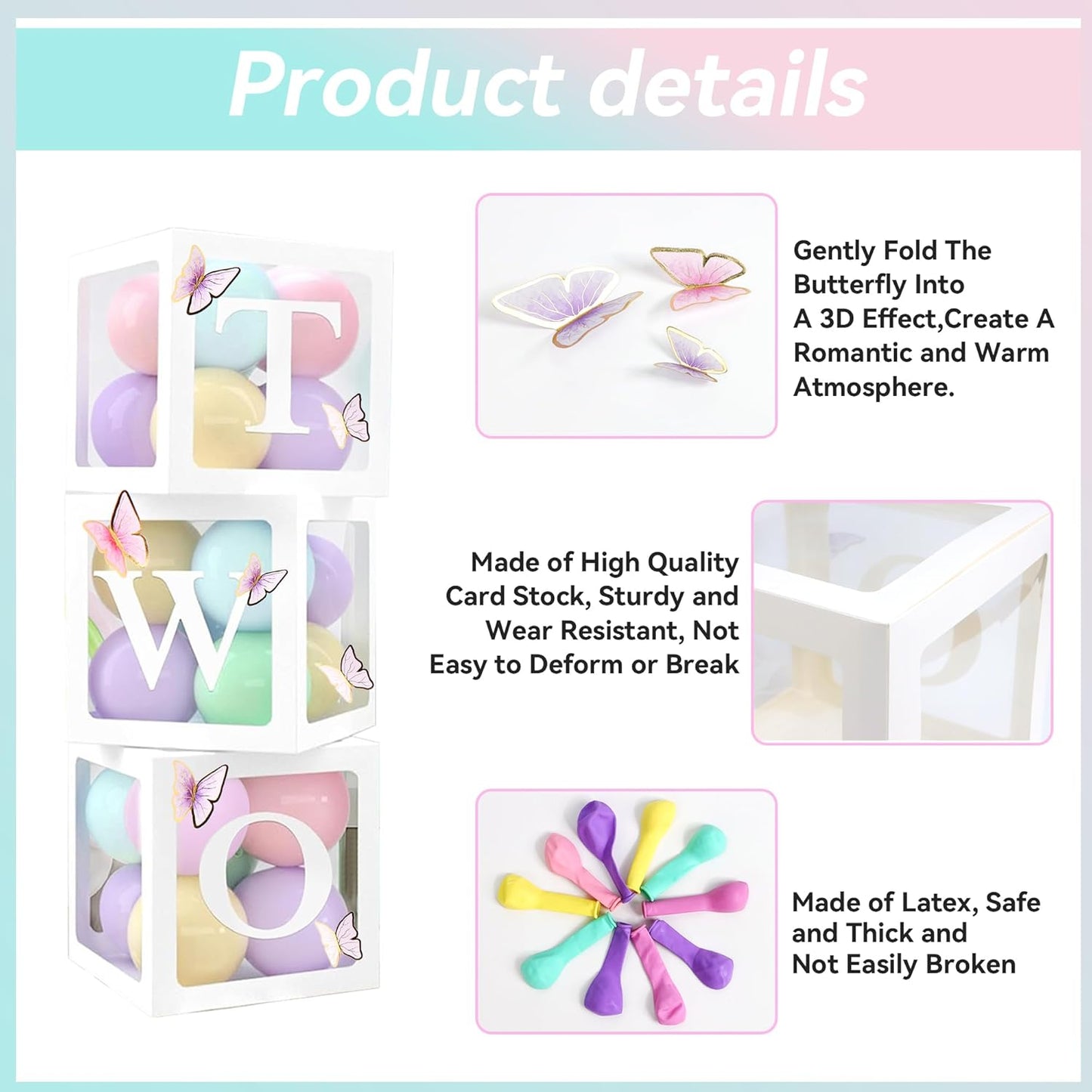 3pcs Balloon Boxes Set “TWO” Pastel Butterflies Girls 2nd Birthday Decoration