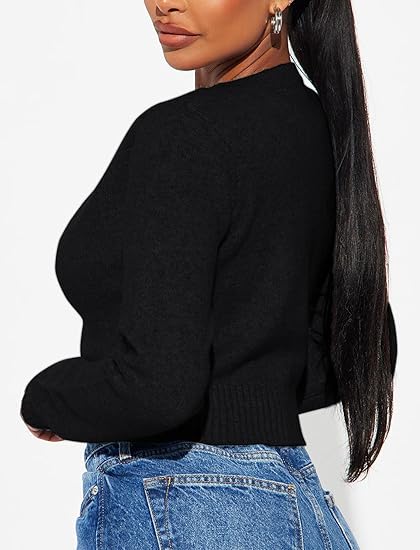 Womens Cropped Knitted Cardigan Long Sleeve Open Front Casual Black