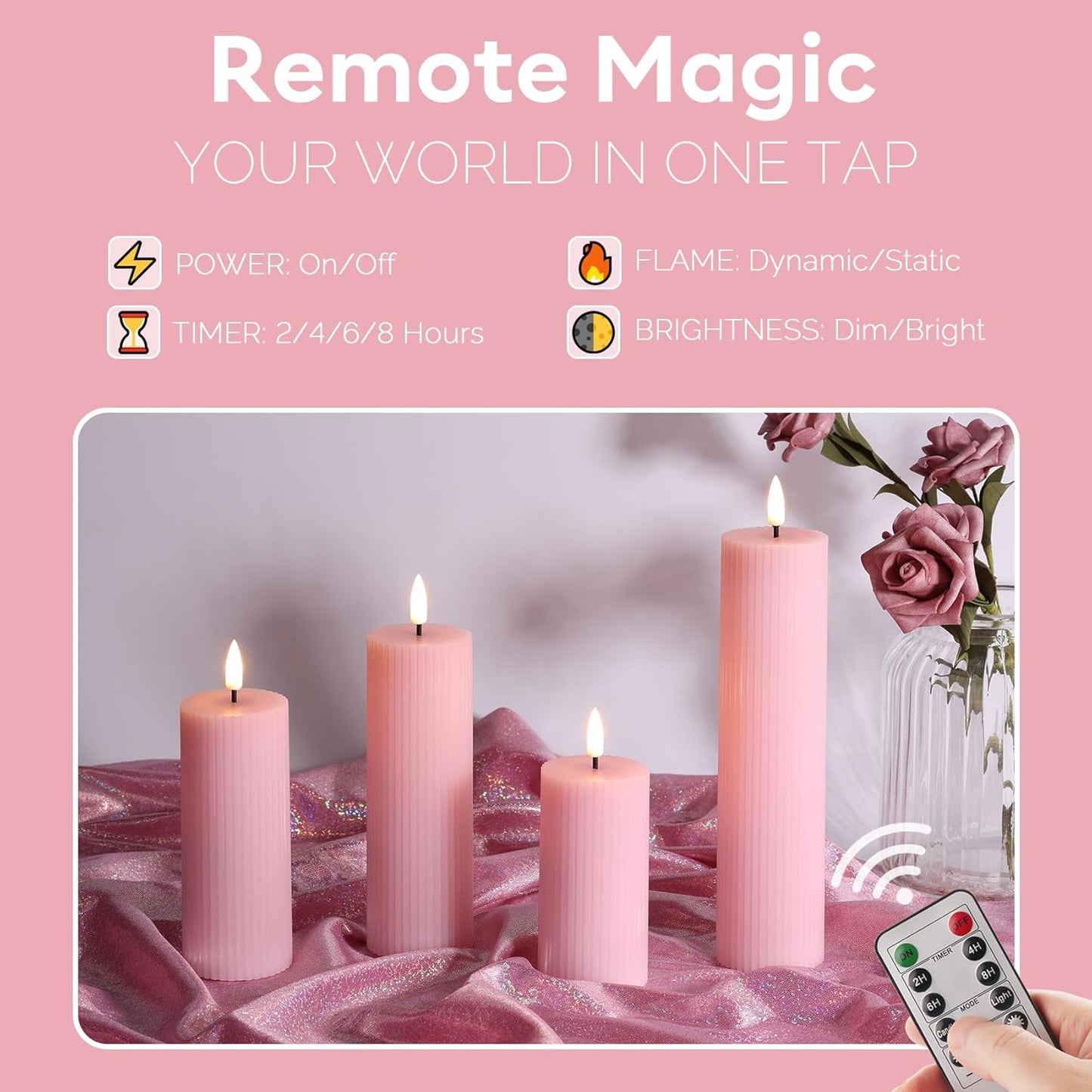 Flameless LED Pillar Candle Set Flickering Remote Battery Pink