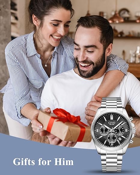 Mens Chronograph Watch Stainless Steel Quartz Waterproof Date Silver