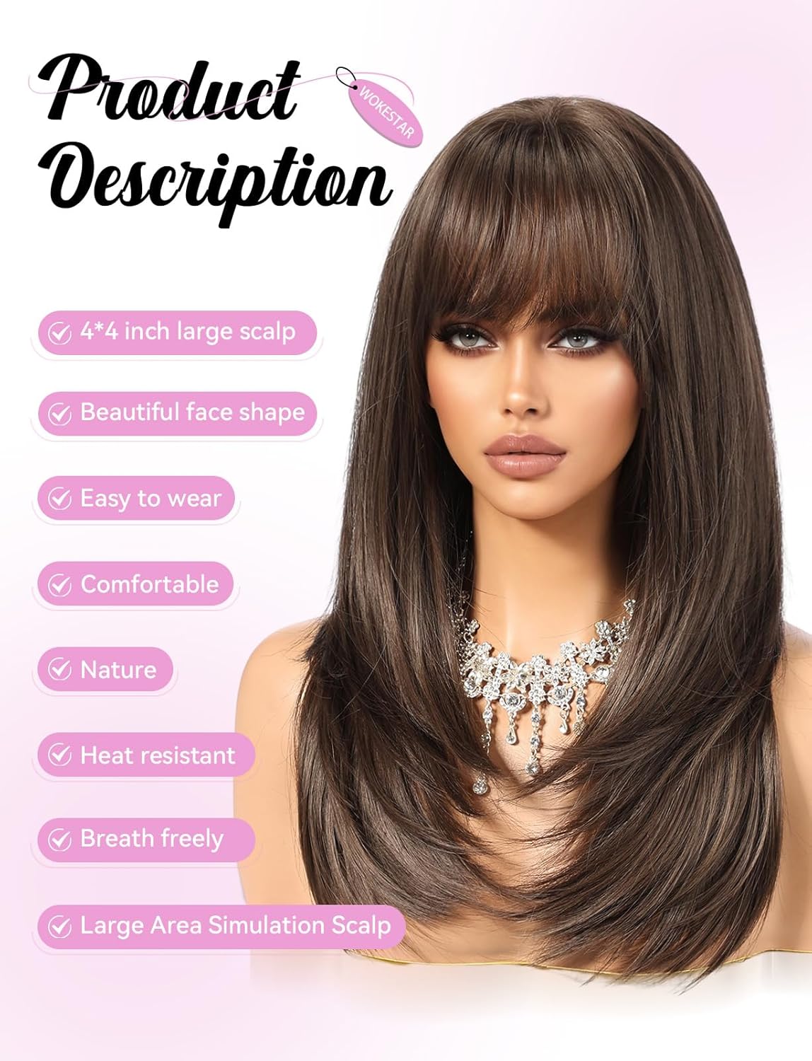 Womens Synthetic Wig Mid Long Straight Layered Fringe Natural Brown