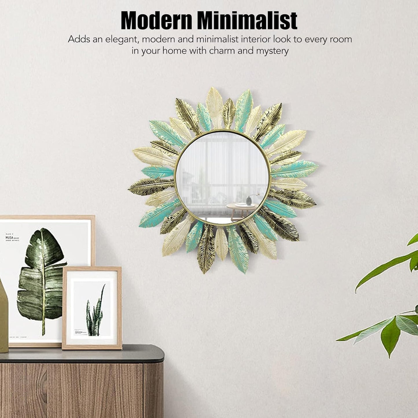 Tyenaza Boho Feather Wall Mirror Round Decorative Entryway