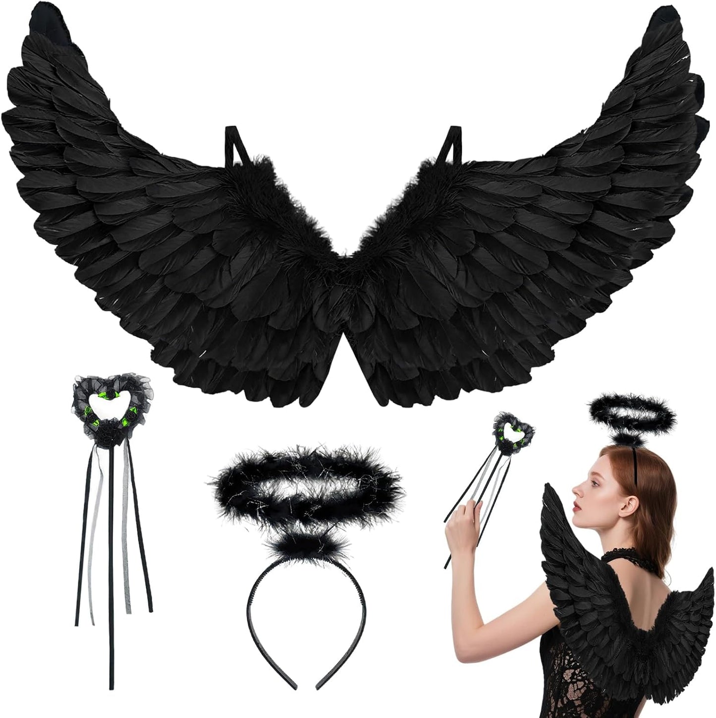 Black Feather Angel Wings Halo Wand Costume Set
