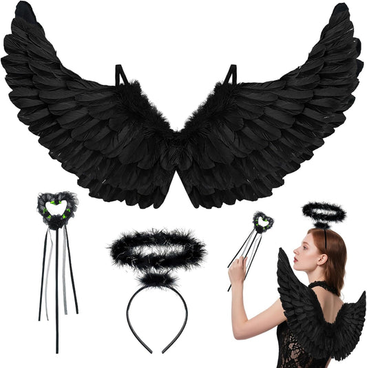 Black Feather Angel Wings Halo Wand Costume Set