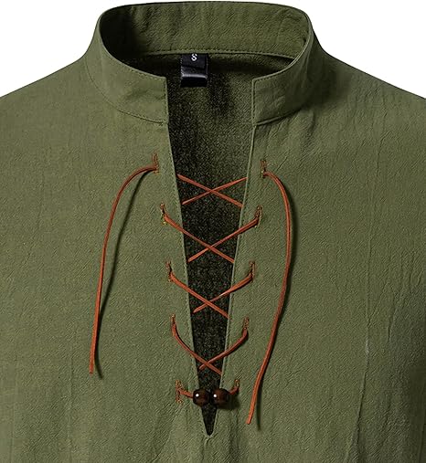 Mens Retro Lace Up Shirt Short Sleeve Medieval Viking Cosplay Top