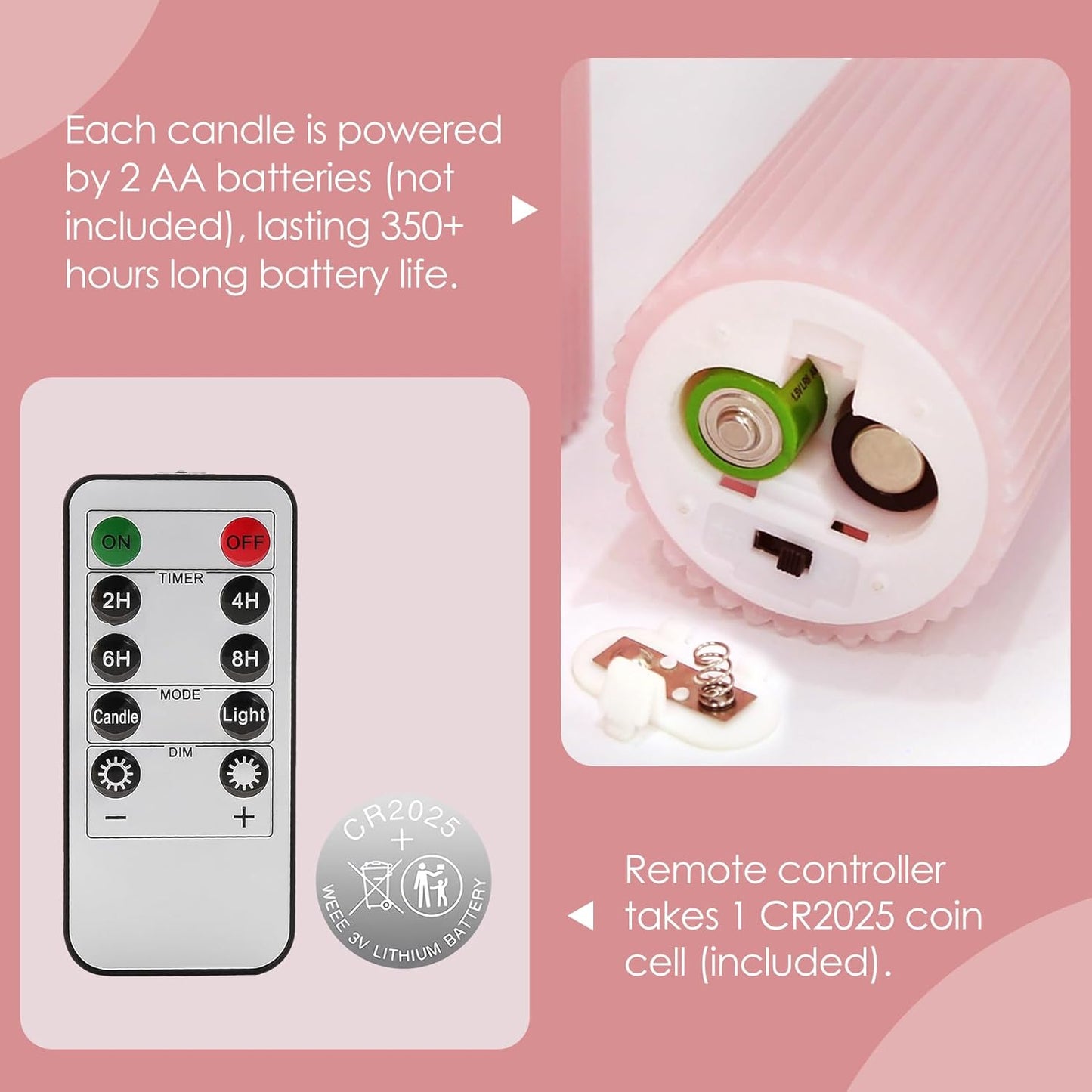Flameless LED Pillar Candle Set Flickering Remote Battery Pink