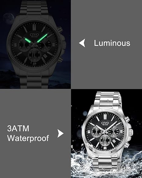 Mens Chronograph Watch Stainless Steel Quartz Waterproof Date Silver