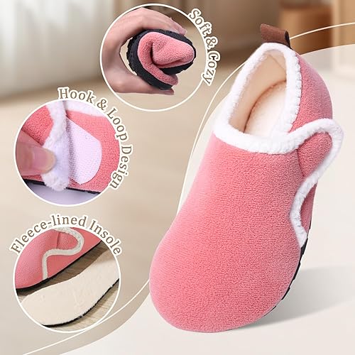 Kids Sherpa Fleece Slippers Non Slip Rubber Sole Warm Winter Pink