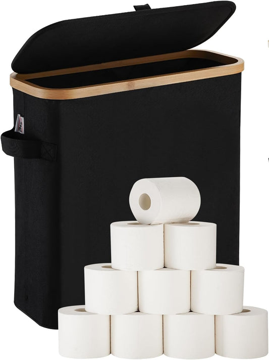 Bamboo Toilet Paper Storage Basket with Lid – Holds 12 Mega Rolls – Bathroom Organiser