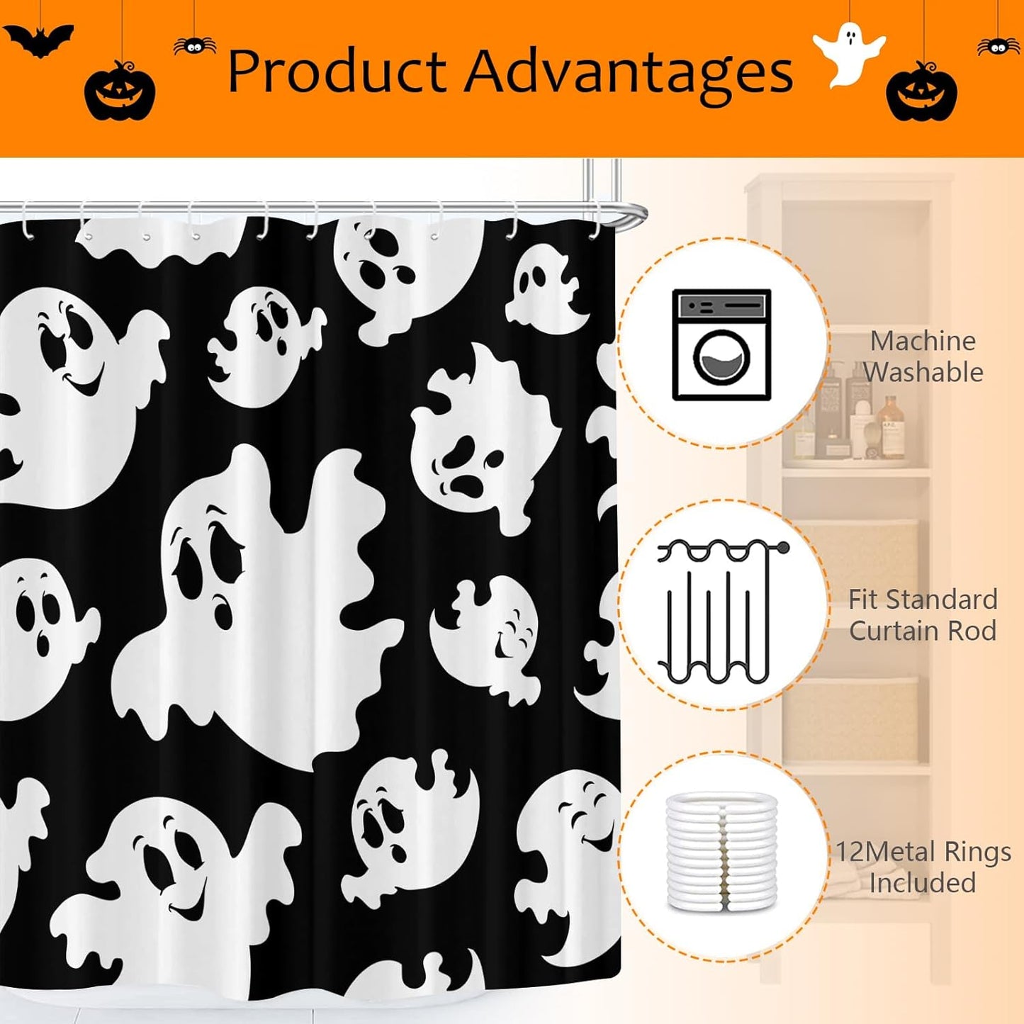Halloween Ghost Shower Curtain Waterproof Polyester 183x183cm Bathroom B0F8NGGWB3