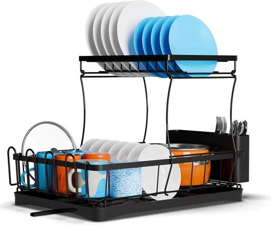 WOWZILLA 2-Tier Black Stainless Steel Dish Drainer – Space-Saving & Rust-Proof