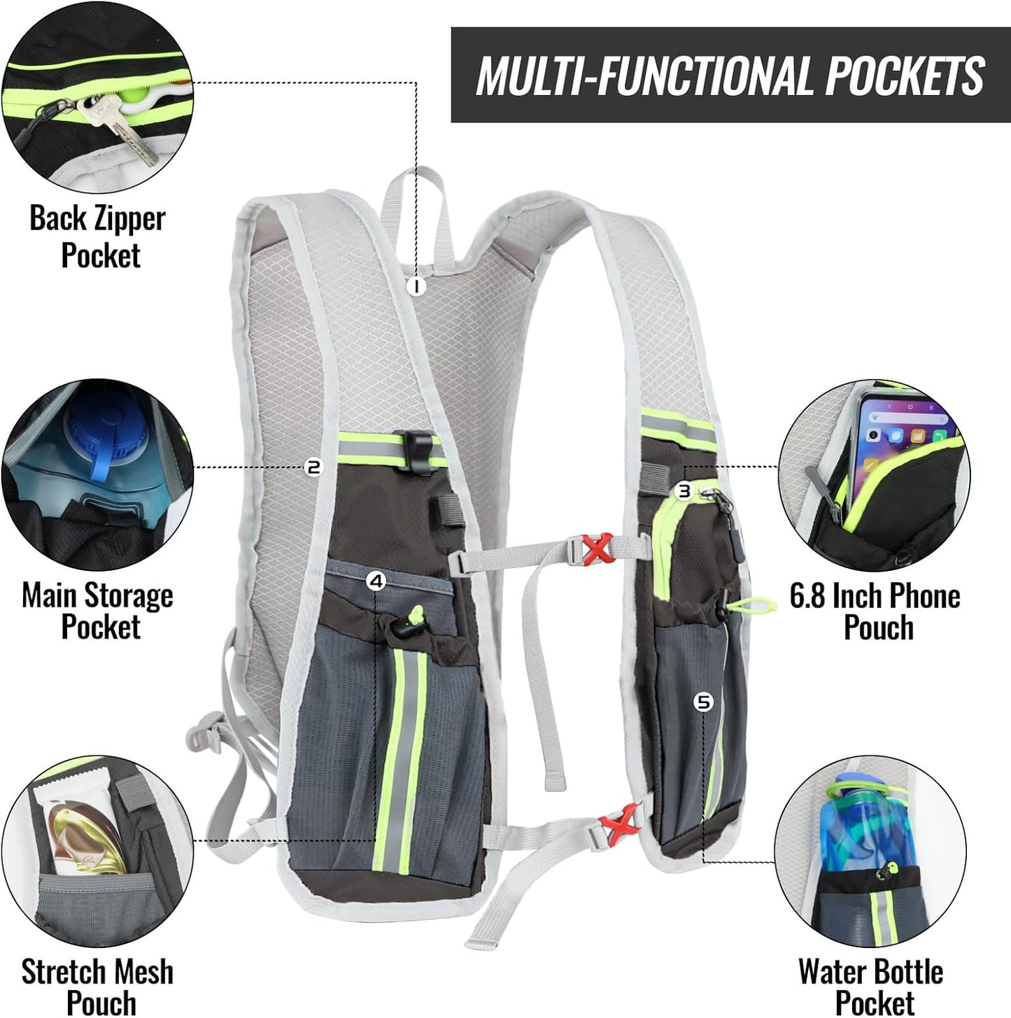 Nepfaivy Lightweight Reflective Running Hydration Vest – 290 g, 6 Pockets, Adjustable