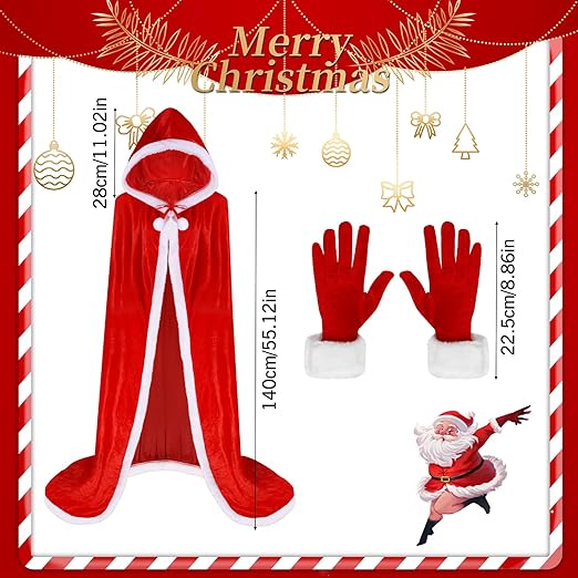 Women’s Santa Velvet Hooded Cape & Gloves Christmas Fancy Dress Set