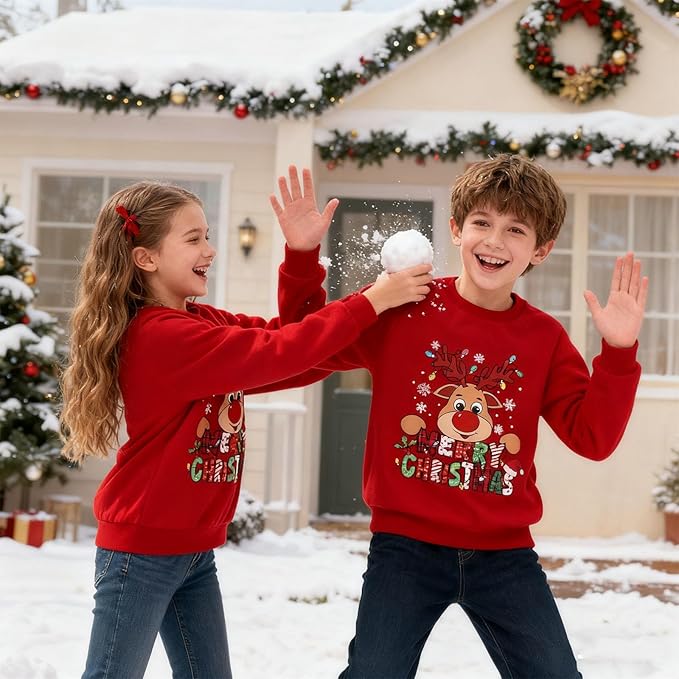 Kids Christmas Jumper Reindeer Crewneck Long Sleeve Festive Sweater