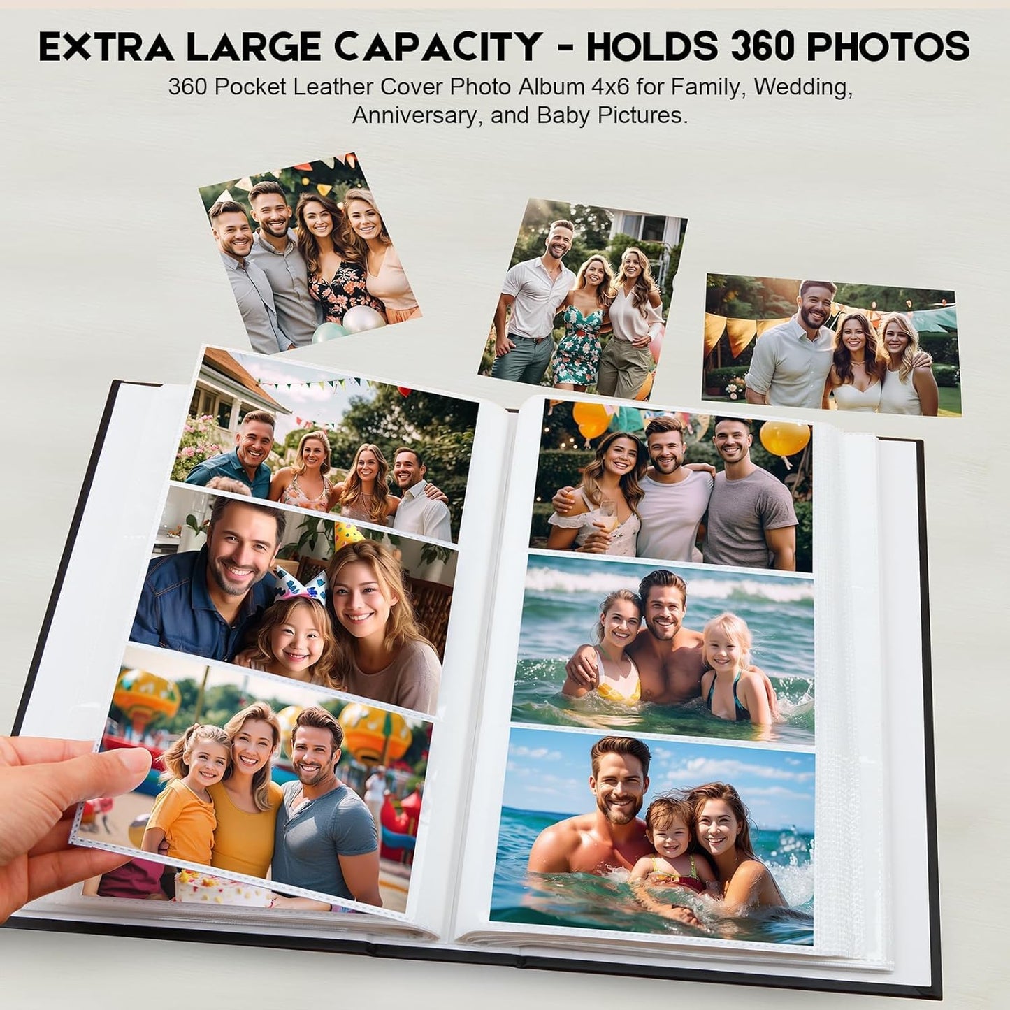 360 Pocket Leather Photo Album 6x4 Inch Acid-Free Pages Front Window Black