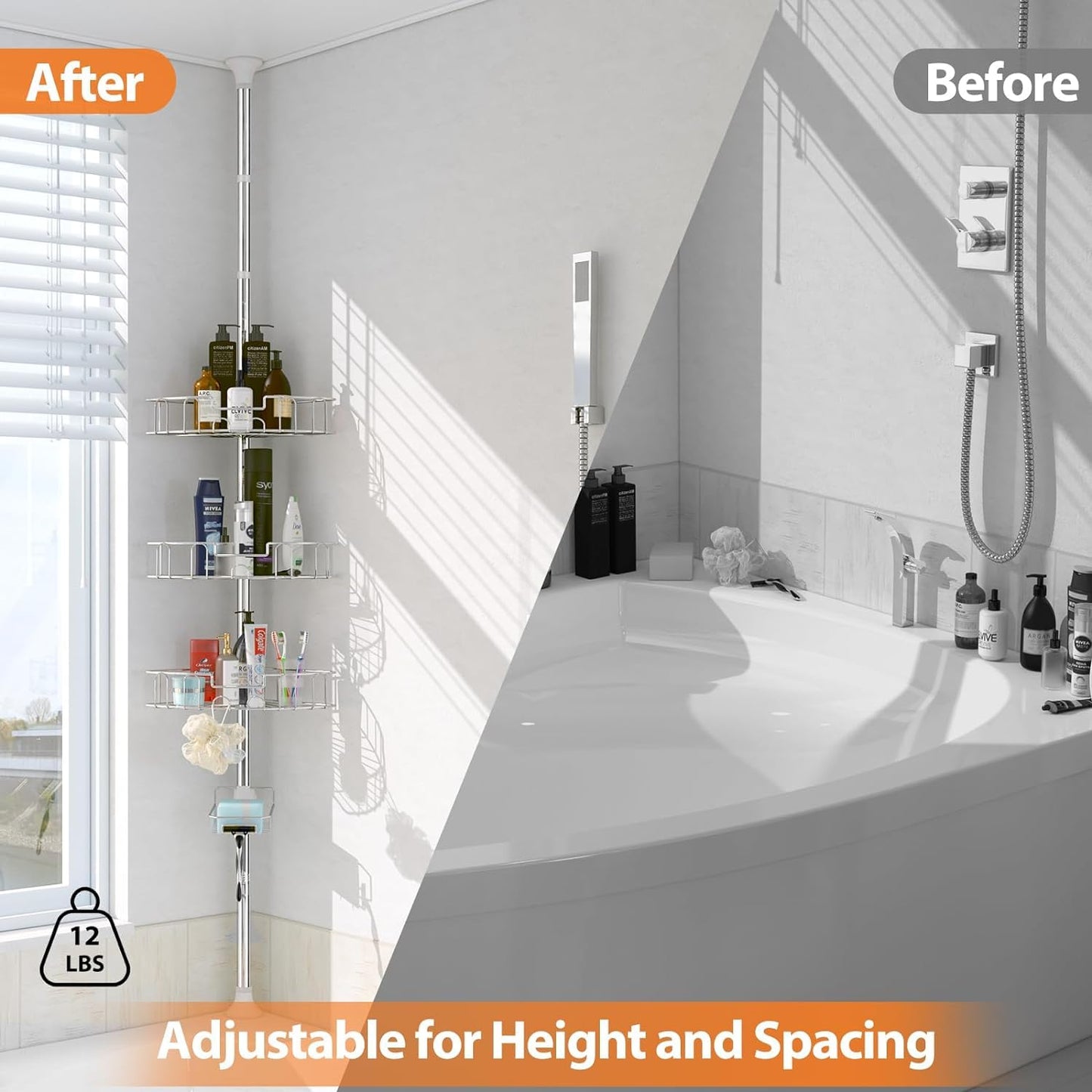 Shower Caddy Corner Storage Adjustable Shelves Tension Pole Silver