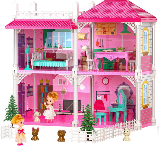 TEMI 2-Storey Luxury Doll Home - 4 Rooms + Dolls & Furniture - Gift for Girls 3-8 yrs
