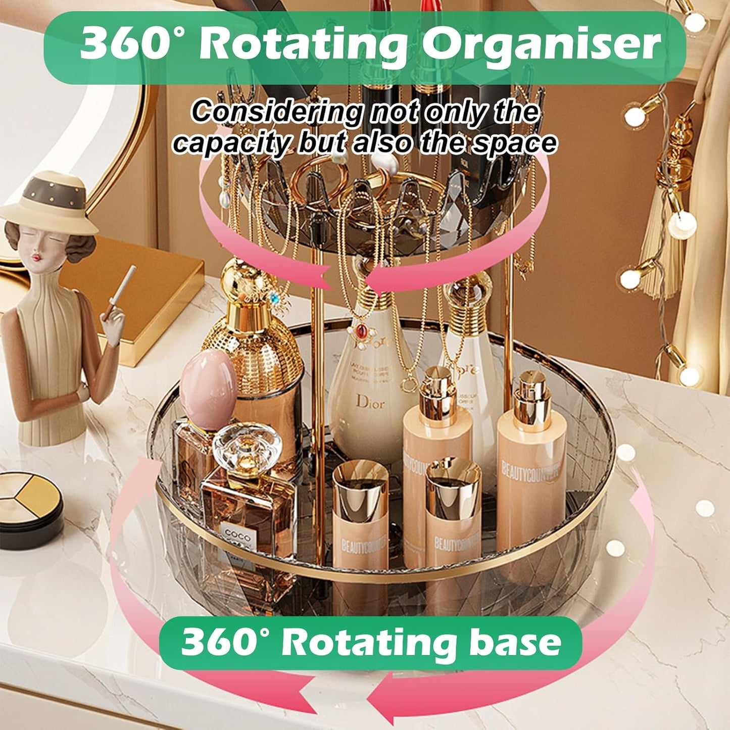 2-Tier 360° Rotating Makeup Organiser – Clear Vanity Storage for Skincare & Cosmetics