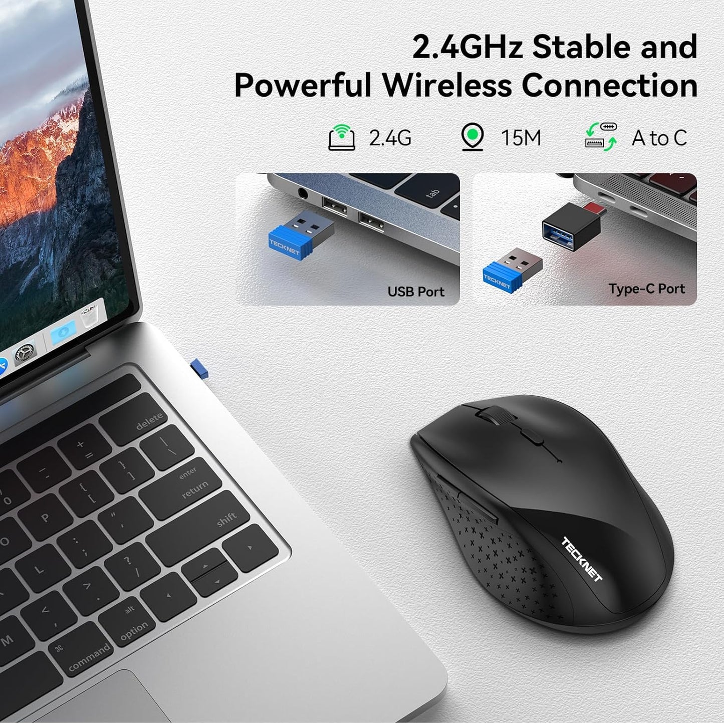 Wireless Mouse USB C Adapter 4800 DPI Ergonomic 6 Level Battery