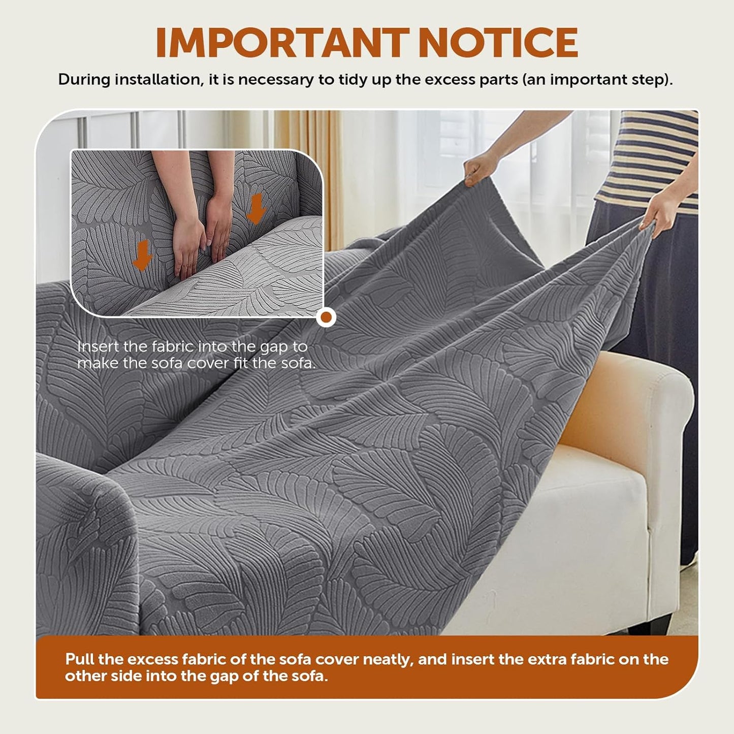 Waterproof 3 Seater Sofa Cover Stretch Protector Leaf Pattern Grey B0FLJN4PC1