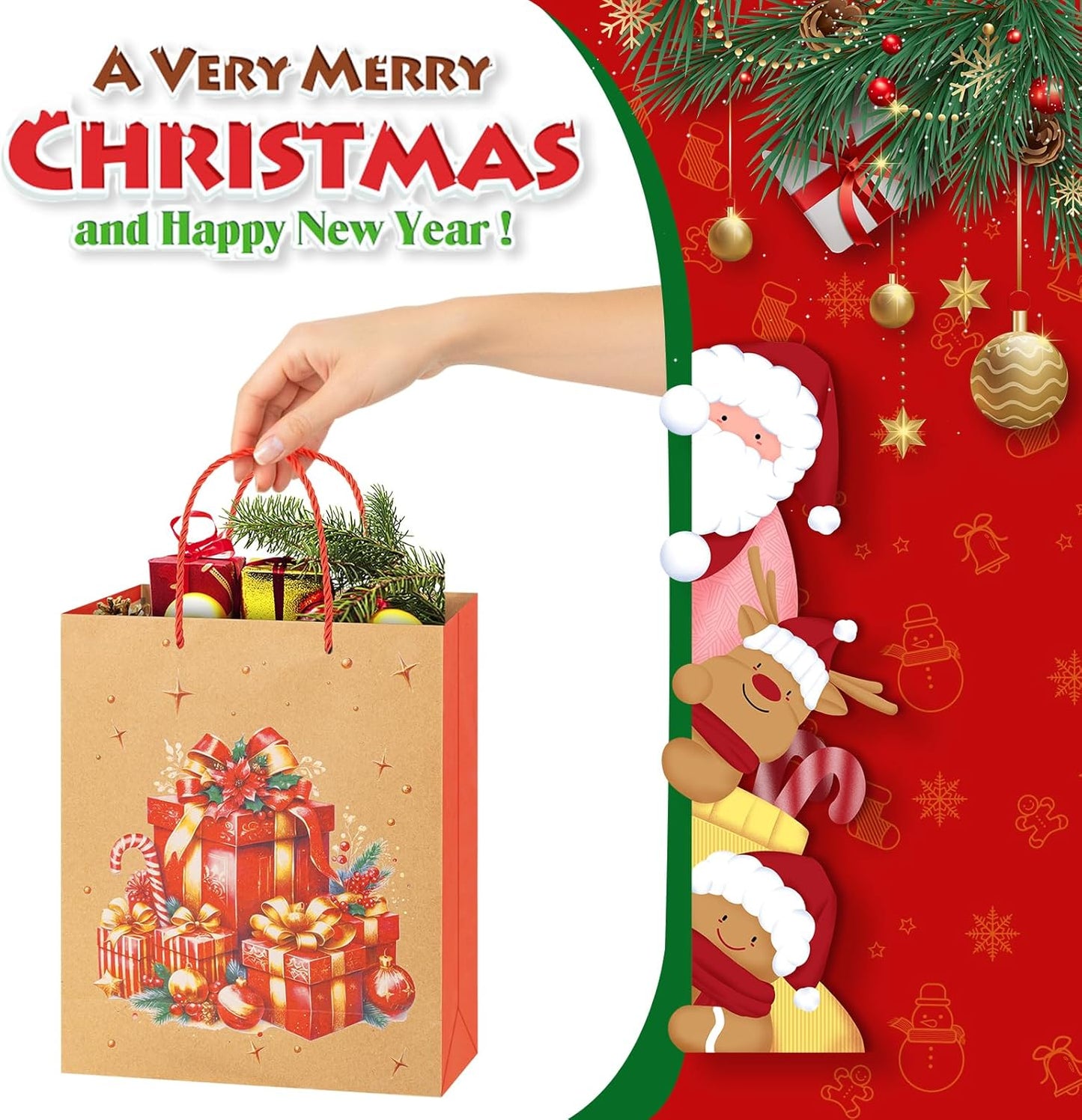 12x Christmas Kraft Gift Bags with Handles 23x18x10cm Festive Present Bags