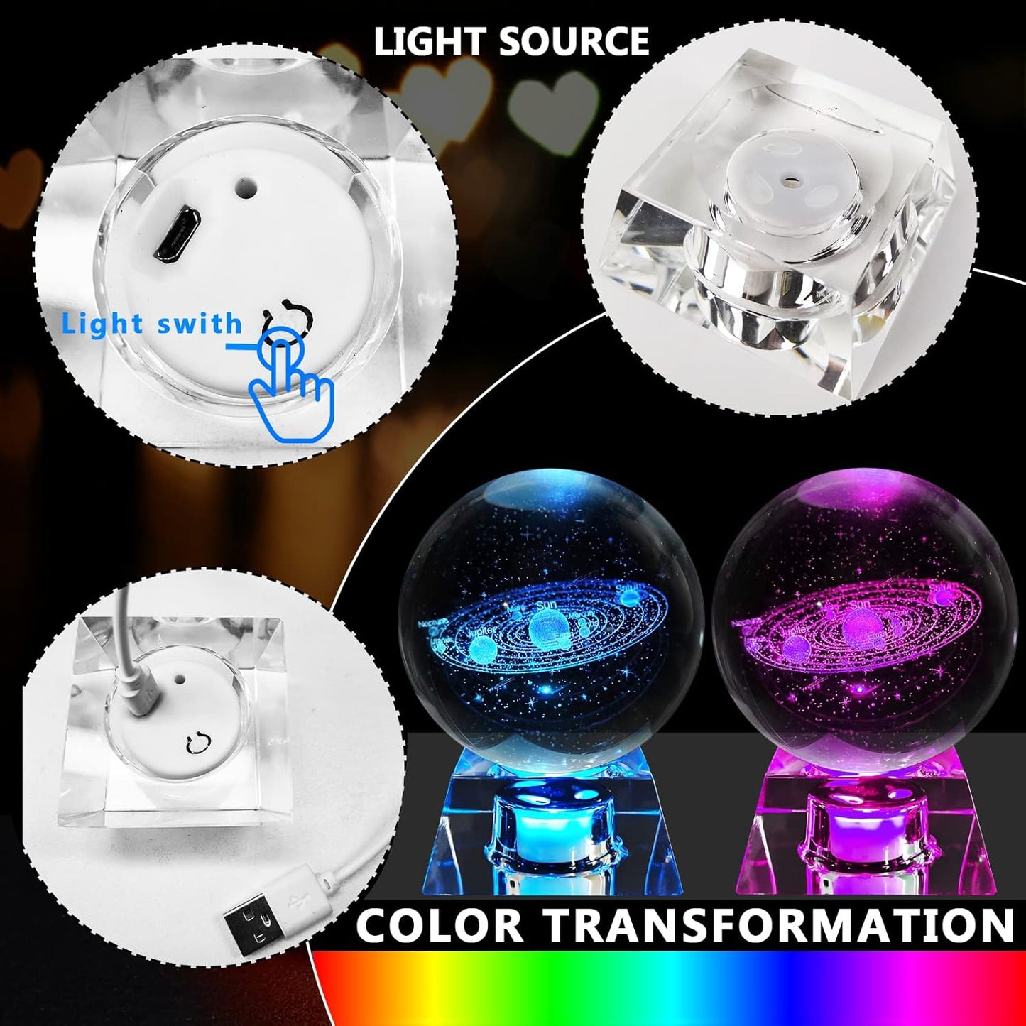 OEGINFIT 3D Solar System Crystal Ball with LED Base – Cosmic Night Light