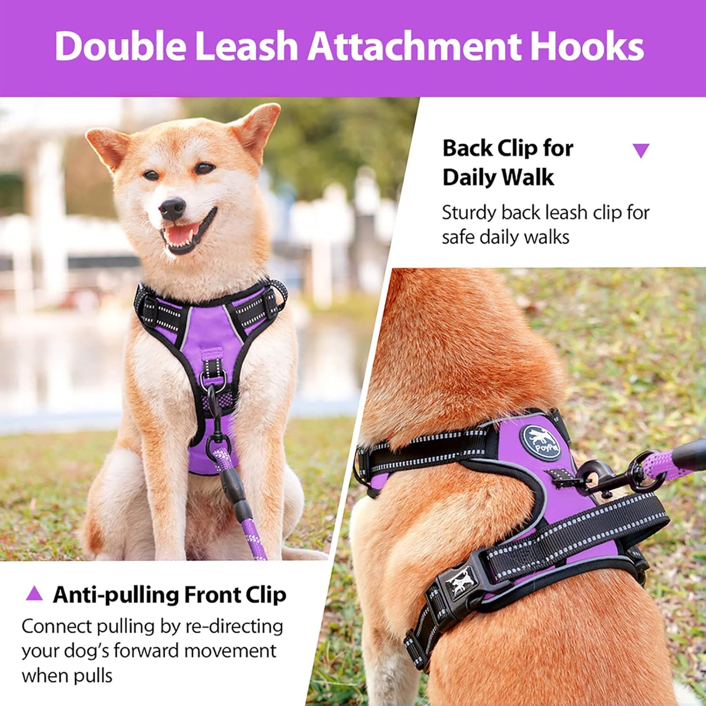 No Pull Dog Harness Reflective Adjustable Vest Purple Small