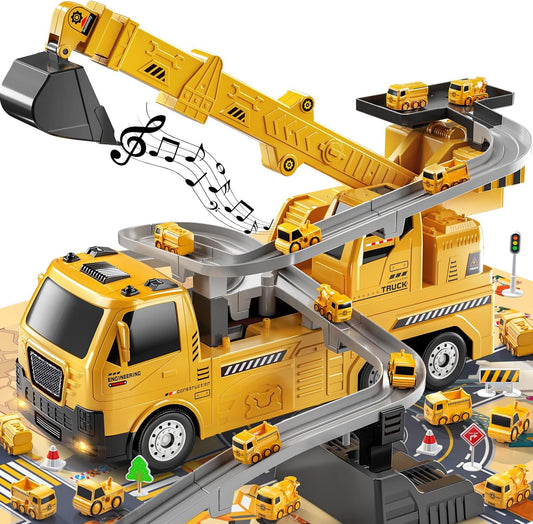 TEMI 2-in-1 Construction Truck Toy w/ LED Lights, 8 Mini Vehicles & Race Track