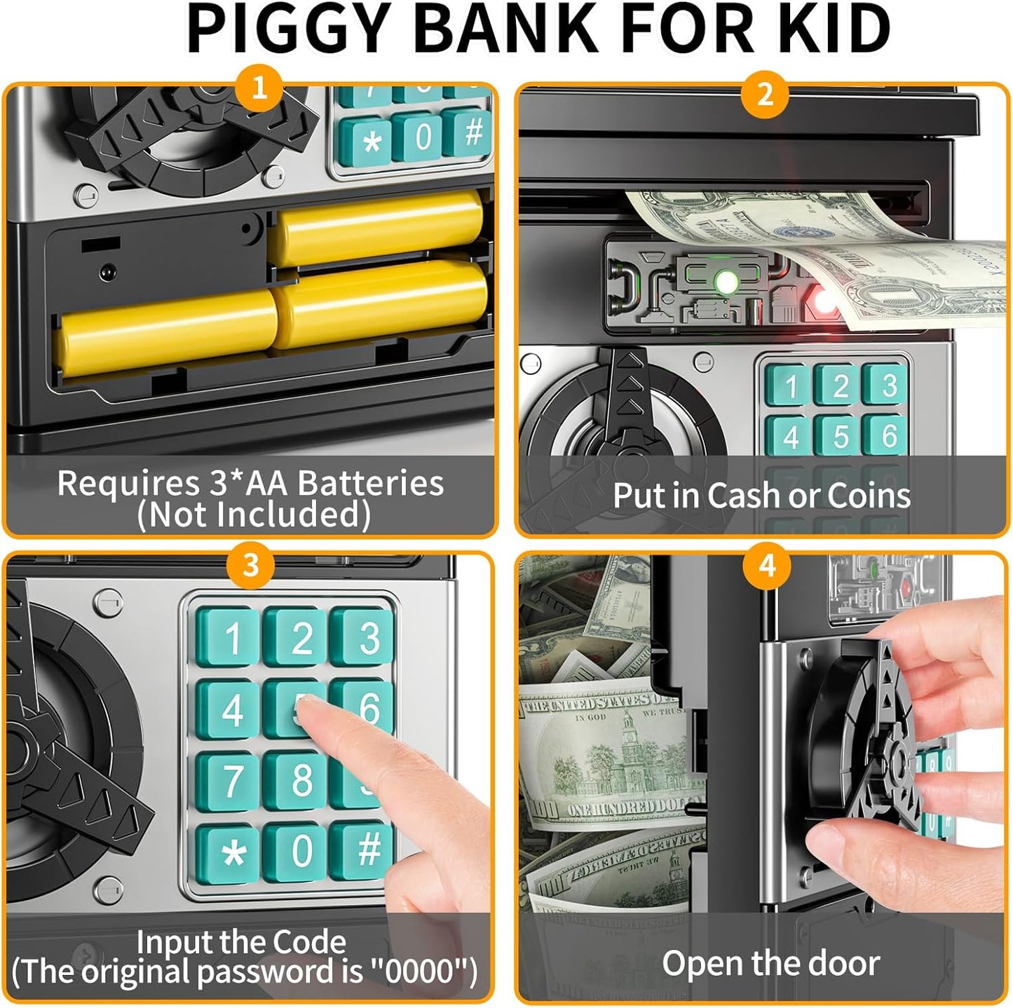 TEMI Electronic Piggy Bank Kids Password Lock Mini ATM Money Box 3‑8 yrs