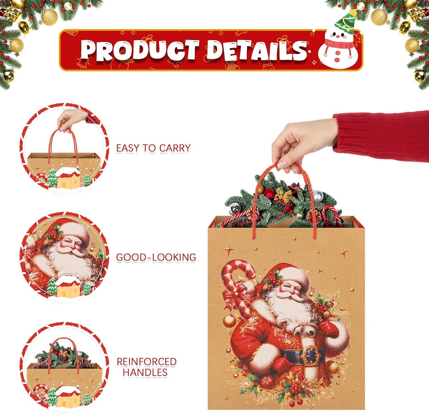 12x Christmas Kraft Gift Bags with Handles 23x18x10cm Festive Present Bags