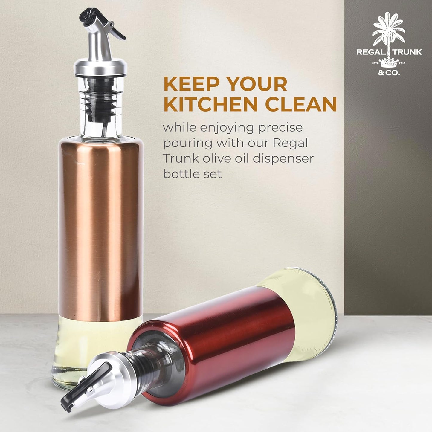 Regal Trunk Oil & Vinegar Dispenser Set – 2 Glass Bottles 300ml Stainless Steel Lids