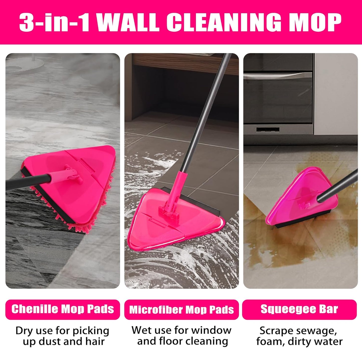 JEHONN 202cm Long Handle Wall & Ceiling Mop – 180° Foldable Baseboard Cleaner