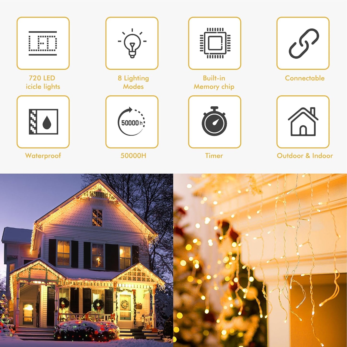 GYLEFY 20m 720 LED Warm White Outdoor Icicle Christmas Lights