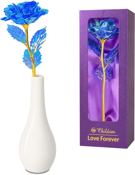 Artificial Blue Rose in Vase – Realistic Faux Flower Home Decor Gift