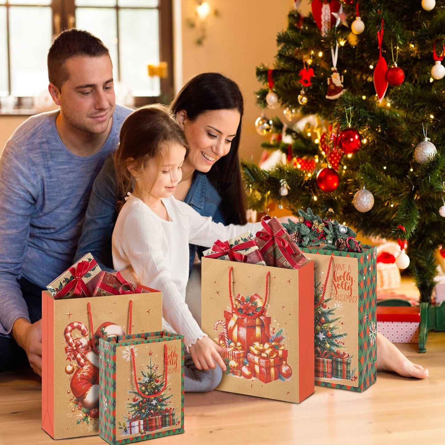 12x Christmas Kraft Gift Bags with Handles 23x18x10cm Festive Present Bags