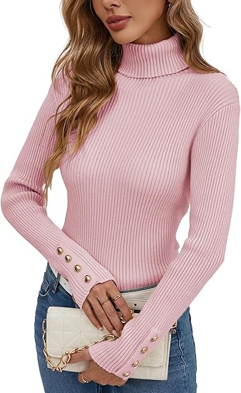 Womens High Neck Ribbed Jumper Slim Fit Long Sleeve Sweater Pink