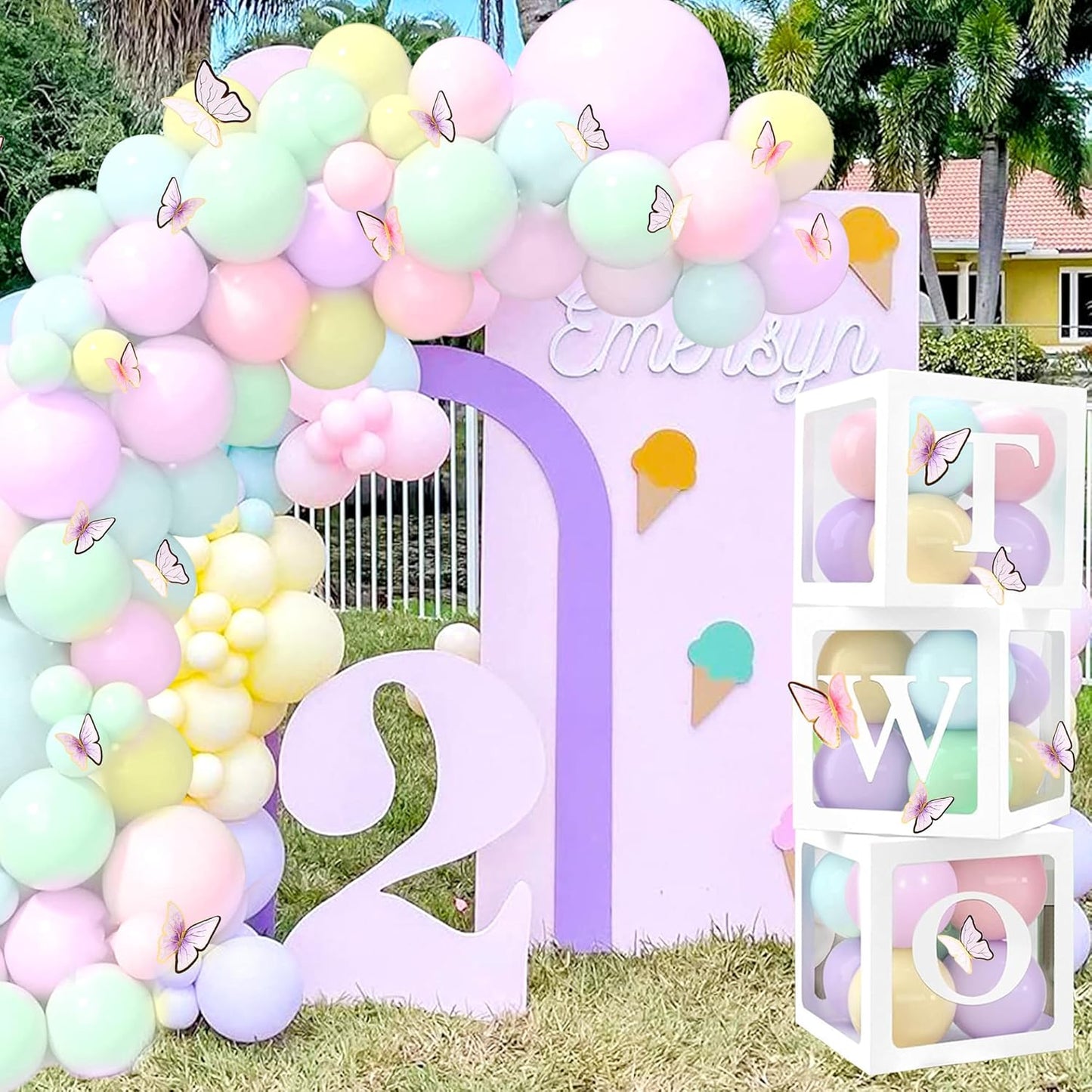 3pcs Balloon Boxes Set “TWO” Pastel Butterflies Girls 2nd Birthday Decoration