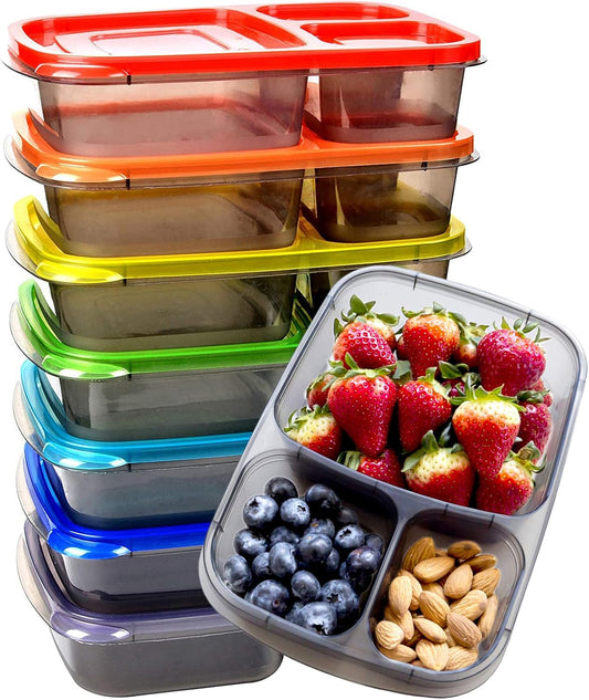 Youngever 7‑Pack Bento Lunch Box Set – 26 oz, 3 Compartments, Microwave‑Safe