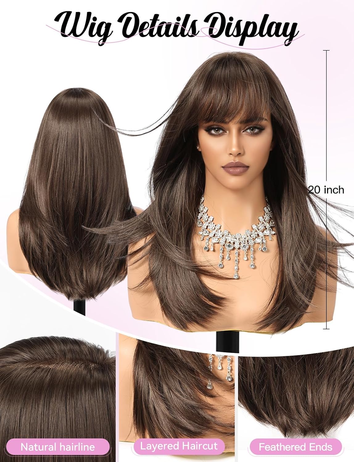 Womens Synthetic Wig Mid Long Straight Layered Fringe Natural Brown