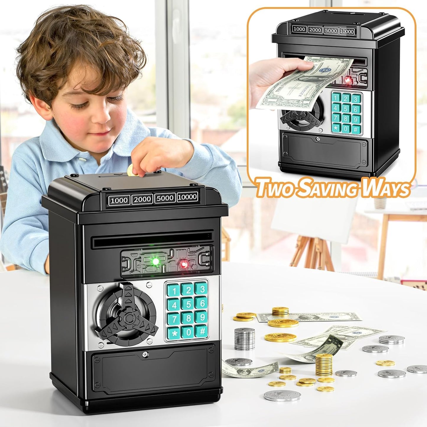 TEMI Electronic Piggy Bank Kids Password Lock Mini ATM Money Box 3‑8 yrs