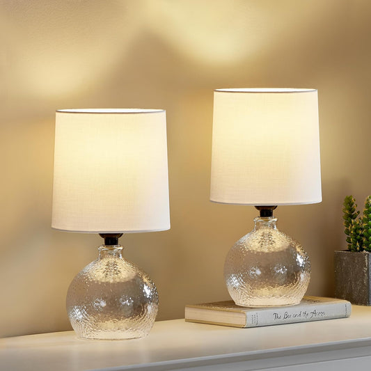 GyroVu Set of 2 Glass Table Lamps with White Fabric Shades – Modern Ambient