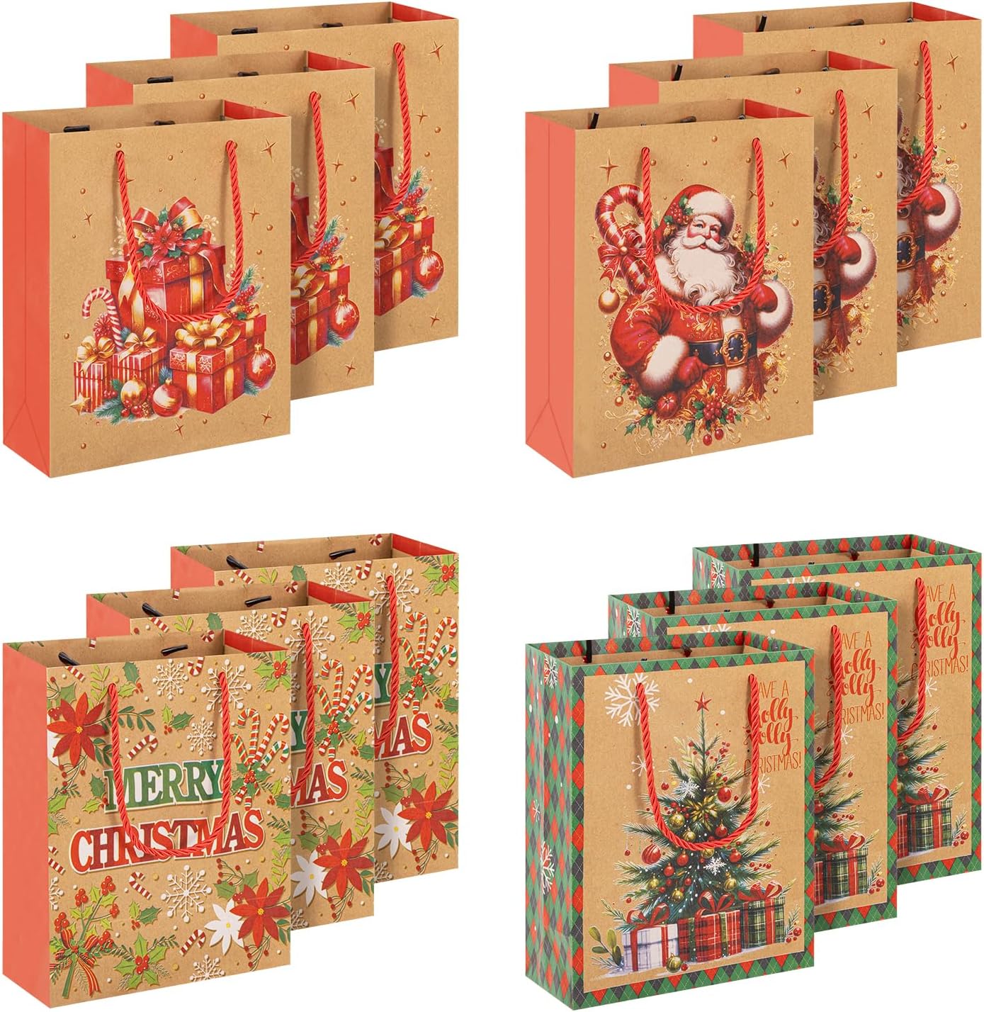 12x Christmas Kraft Gift Bags with Handles 23x18x10cm Festive Present Bags