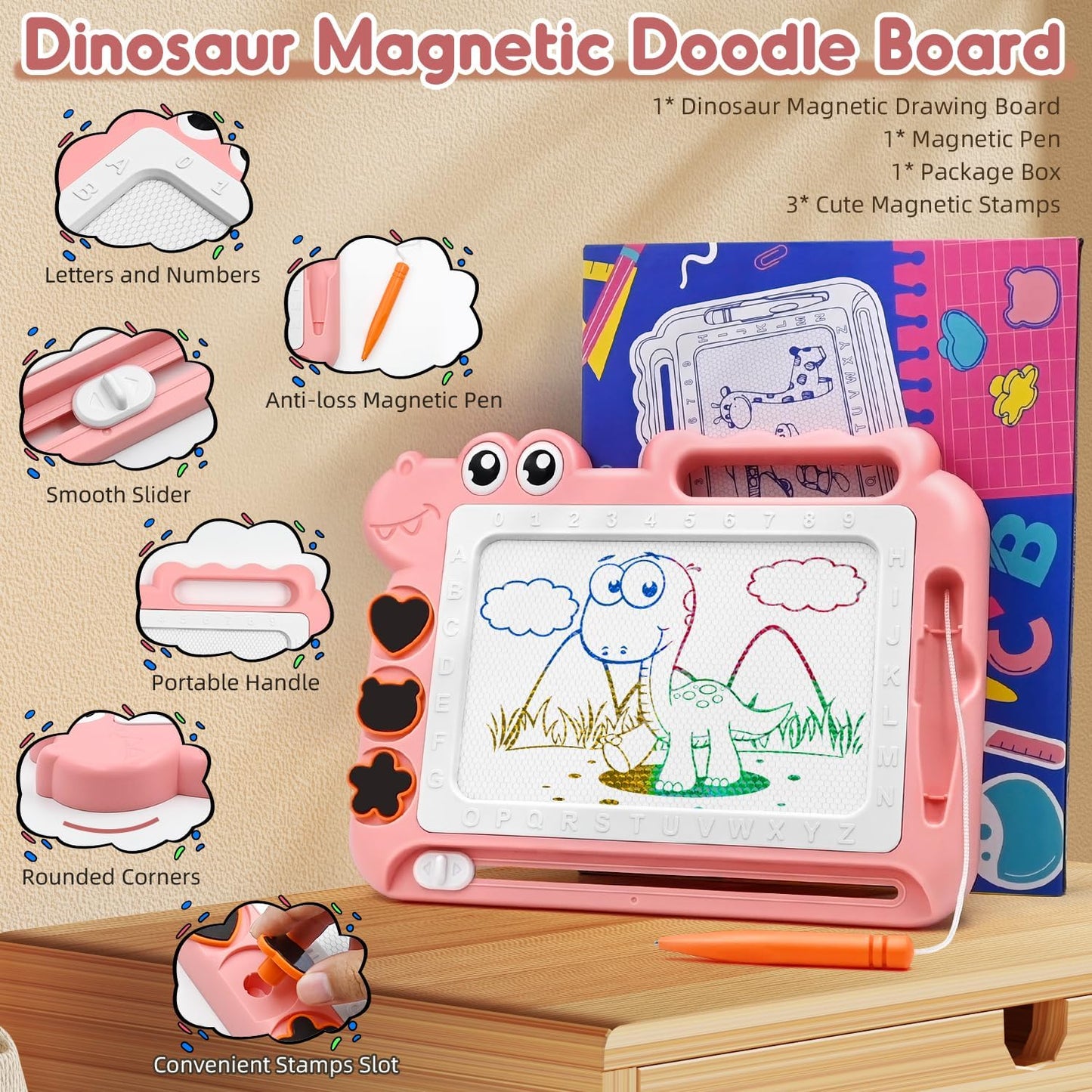 Dinosaur Magnetic Drawing Board for Kids – Mess-Free Travel Doodle Toy Ages 3-7