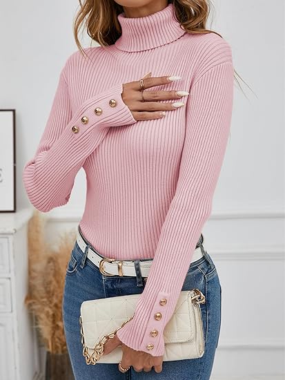 Womens High Neck Ribbed Jumper Slim Fit Long Sleeve Sweater Pink