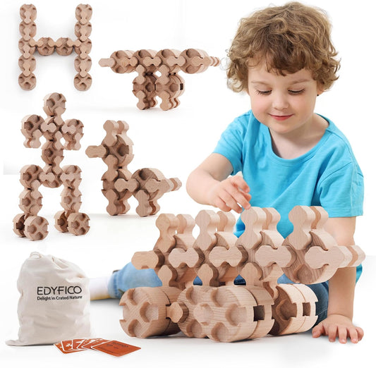 Edyfico 50‑Piece Wooden Building Blocks Set STEM Toy + Storage Bag & Cards Ages 3‑8