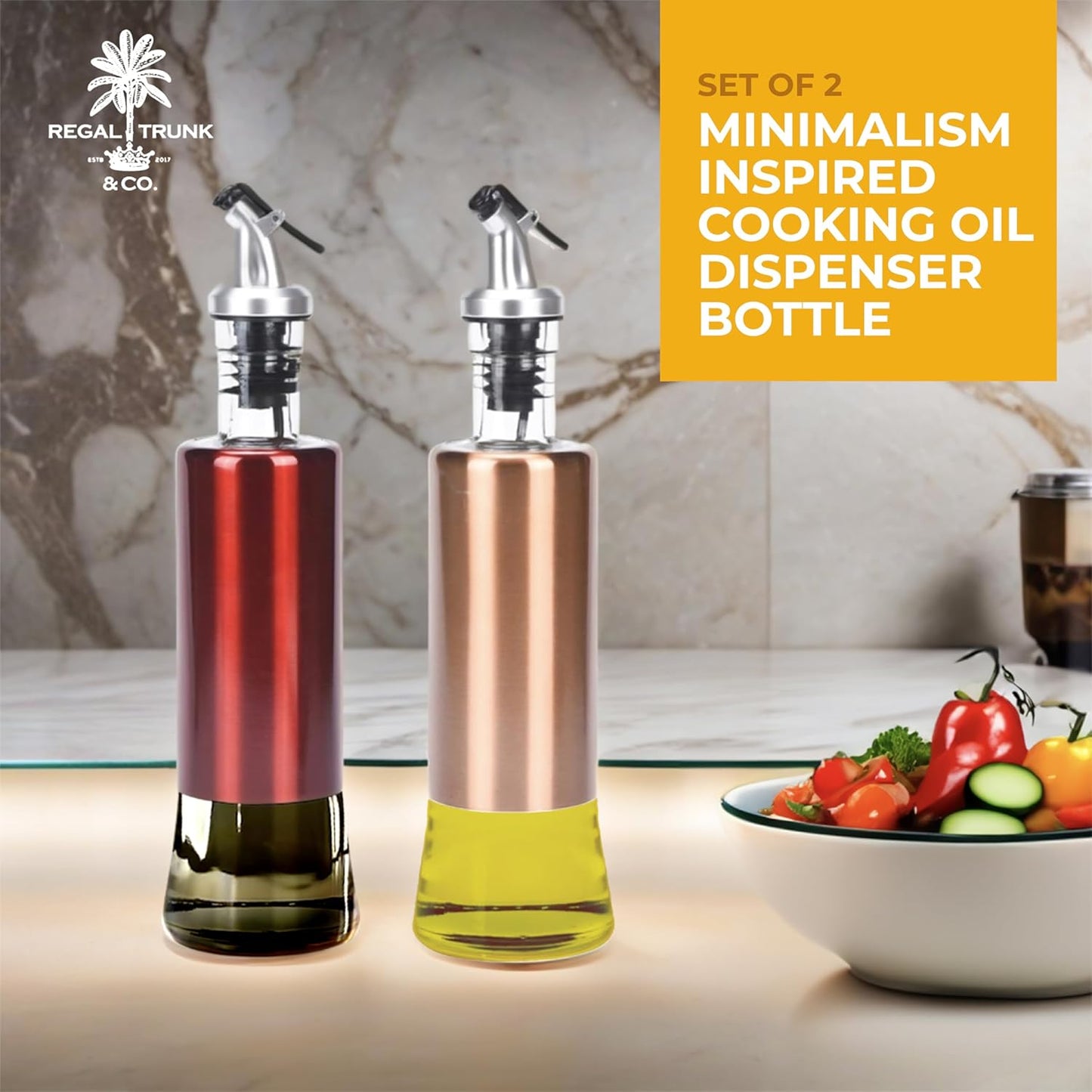 Regal Trunk Oil & Vinegar Dispenser Set – 2 Glass Bottles 300ml Stainless Steel Lids
