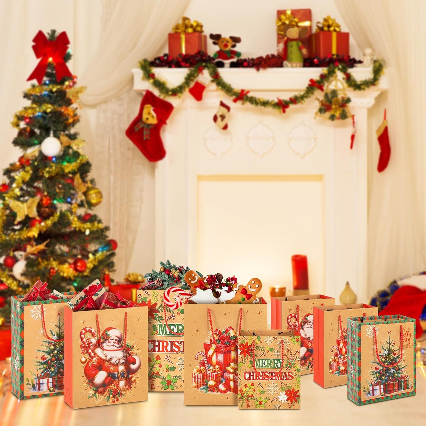 12x Christmas Kraft Gift Bags with Handles 23x18x10cm Festive Present Bags